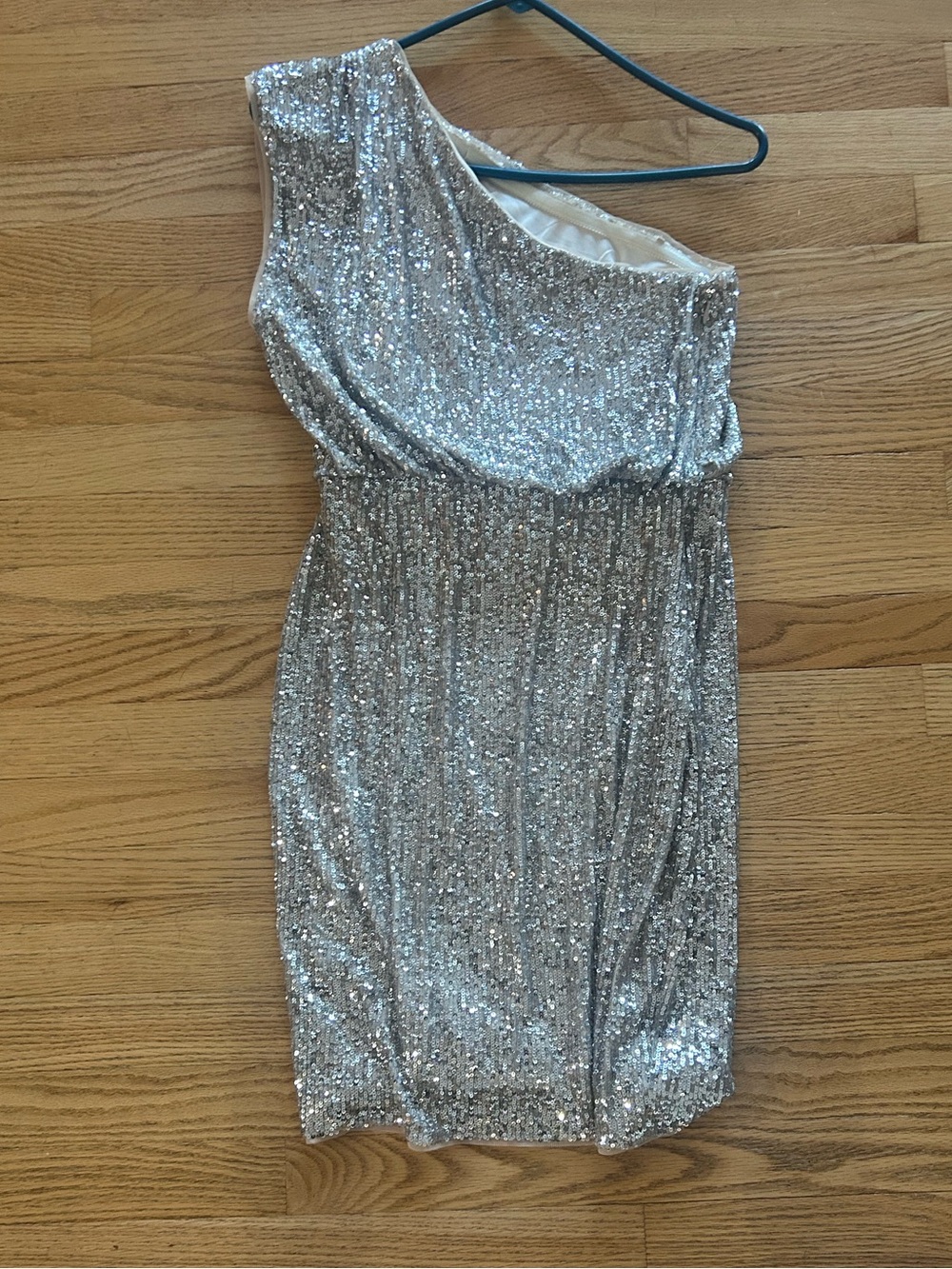 Adrianna Papell Silver One-Shoulder Sequin Cocktail Dress